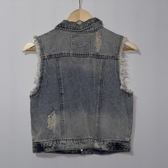 Angel Kiss Distressed Denim Frayed Armholes Jean Vest Womens size medium - Picture 2 of 10